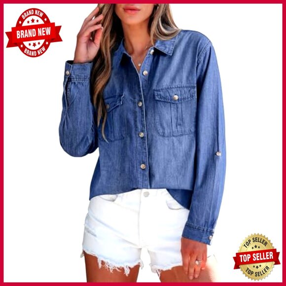 Denim Button Down Shirt Classic Chic Oversized Fit Long Sleeve Casual Top - Picture 5 of 6